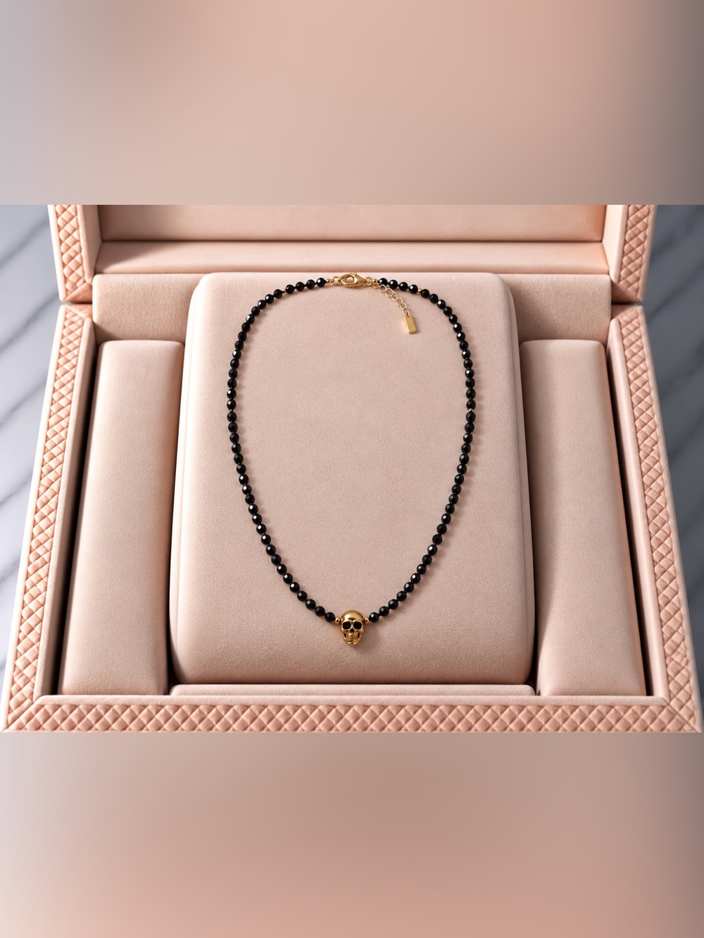 Gold Skull Black Bead Necklace - Women Jewelry